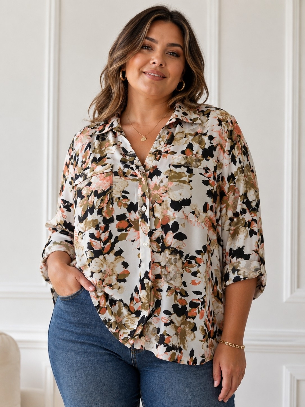 Relativity Floral Button-Up Blouse in Cream, Olive & Pink